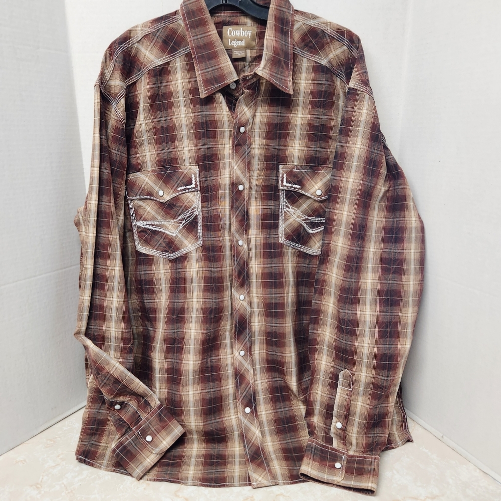 Cowboy Legend Men's Western Shirt Sz 3XL Brown Plaid Pearl Snap